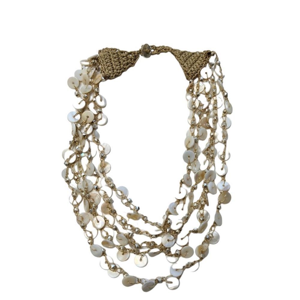 Chunky Multi Strand Mother of Pearl Button & Bead Woven Bib Necklace Boho Gift